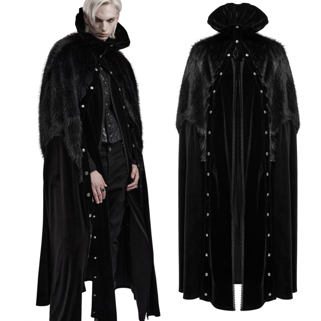 Long PUNK RAVE gothic velvet cape (WY-1559BK) with fake fur trim and high reinforced stand-up collar in a Nordic aristocratic look.