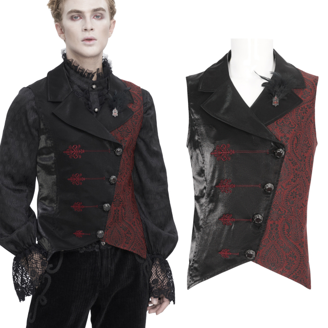 Short, classic cut Victorian Goth Devil Fashion waistcoat (WT07801) made from a combination of silky matt taffeta and dark red paisley material with elaborate embroidery and baroque buttons