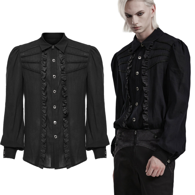 PUNK RAVE Gothic shirt (WY-1562BK) in Victorian style made from lightweight crepe material with subtle chiffon frills and braid embellishment, slightly puffed sleeves and eye-catching baroque buttons