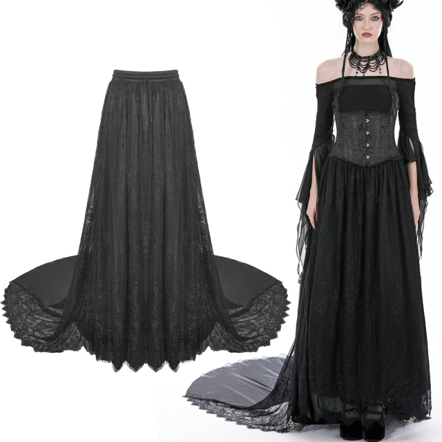 Long, darkly romantic Dark In Love Gothic skirt (KW311) made of fine lace with a long train and fairytale flounces at the back