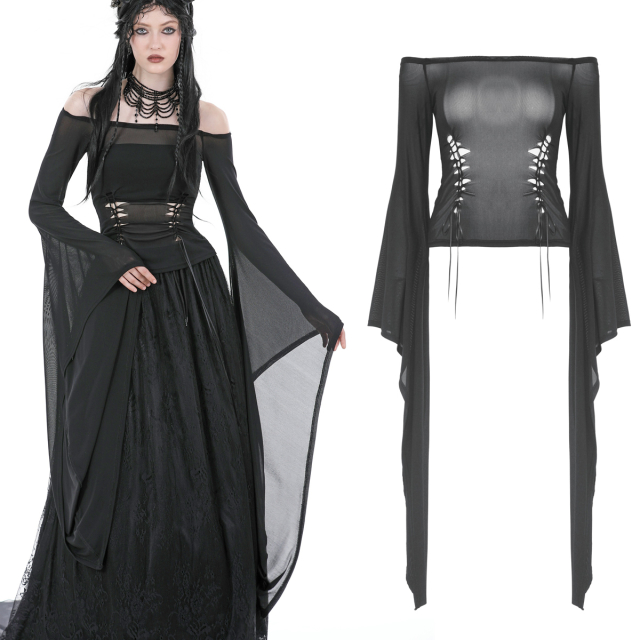 Dark In Love Gothic mesh shirt (TW542) with XXL sleeves in a fairy look with a large Bardot neckline and artfully intertwined rips in the waist area