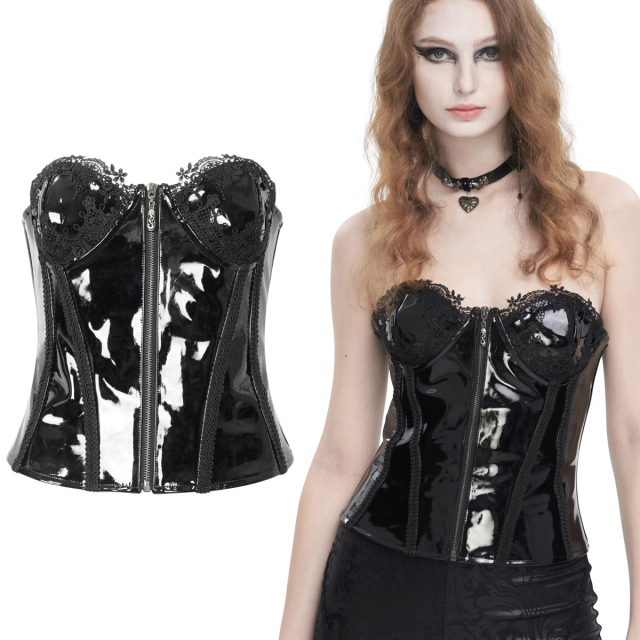Schwarze Devil Fashion Gothic Lack Überbrust-Korsage (CST00601) mit romantischer Spitzenborte an den Cups, Reißverschluss vorne und Korsettschnürung hinten.