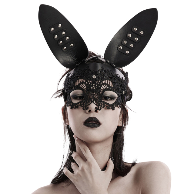 PUNK RAVE gothic mask (WS-594BK) with large bunny ears made of faux leather and romantic Venetian-style lace