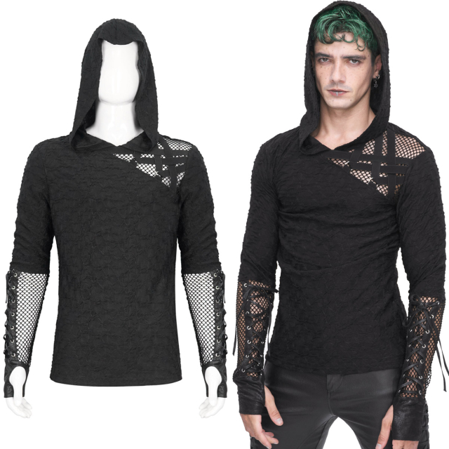 Thin Devil Fashion Gothic hoodie (TT251), figure-hugging made of crinkle material with mesh inserts in punk or post-apocalypse style