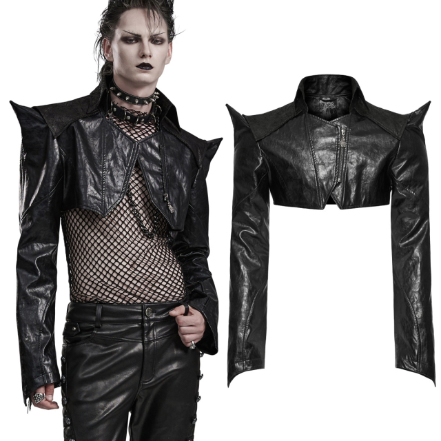 PUNK RAVE faux leather bolero / short jacket (WY-1564BK) in a futuristic cyber-gothic look with points on the shoulders, extra-long sleeves with thumbholes and diagonal zip fastening