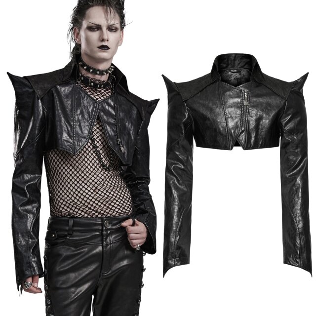 PUNK RAVE Kunstleder-Bolero / -Kurzjacke (WY-1564BK) in futuristischem Cyber-Gothic-Look mit Spitzen an den Schultern, überlangen Ärmeln mit Daumenlöchern und schräg verlaufendem Reißverschluss