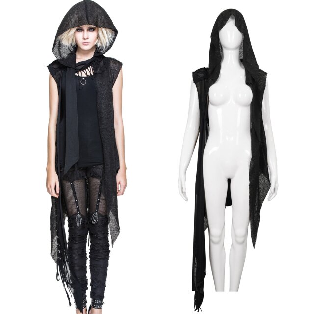 Devil Fashion Gothic Wasteland Zipfel-Cardigan ohne Ärmel (CA006) mit großer Kapuze, aus feinem Strick in Fishnet-Optik und Fetzenmaterial mit Zierschnürungen für coolen Postapokalypse-Style