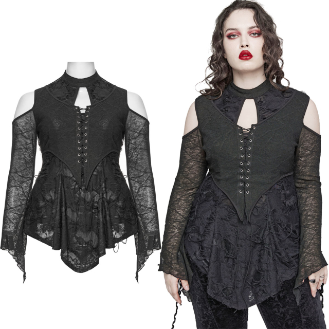 Darkly romantic PUNK RAVE gothic A-line shirt (DT-794BK) from the plus size collection. Made from semi-transparent distressed material in a layered look with an attached corsage waistcoat.