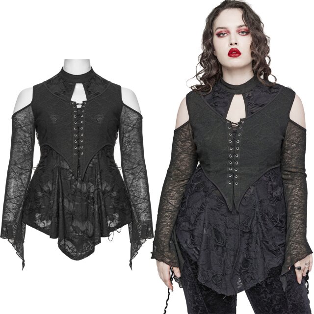 Dunkelromantisches PUNK RAVE Gothic A-Linien Shirt (DT-794BK) aus der Plus Size Kollektion. Aus semi-transparentem distressed Material in Lagenoptik mit aufgesetzter Korsagen-Weste.