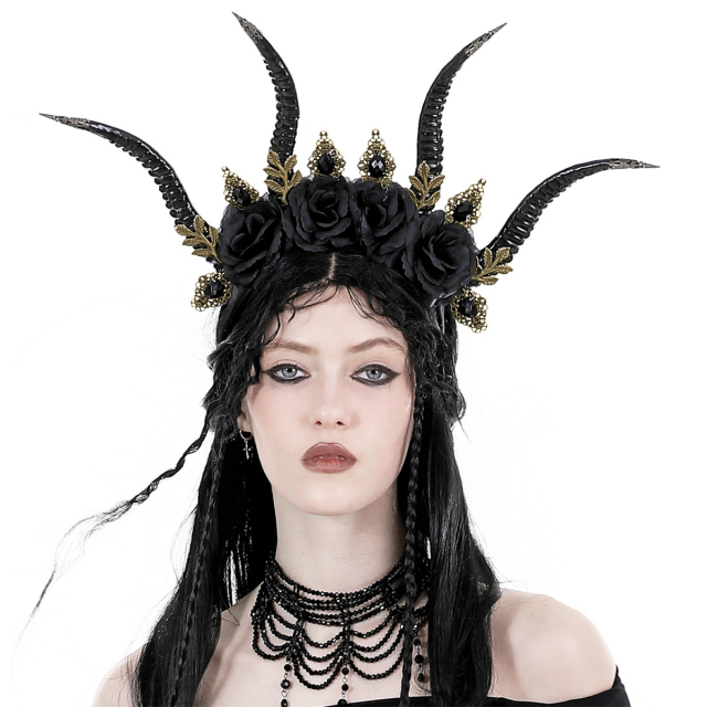 Dark In Love Gothic headband (AHW015) with double horns, black flowers and bronze-coloured ornaments