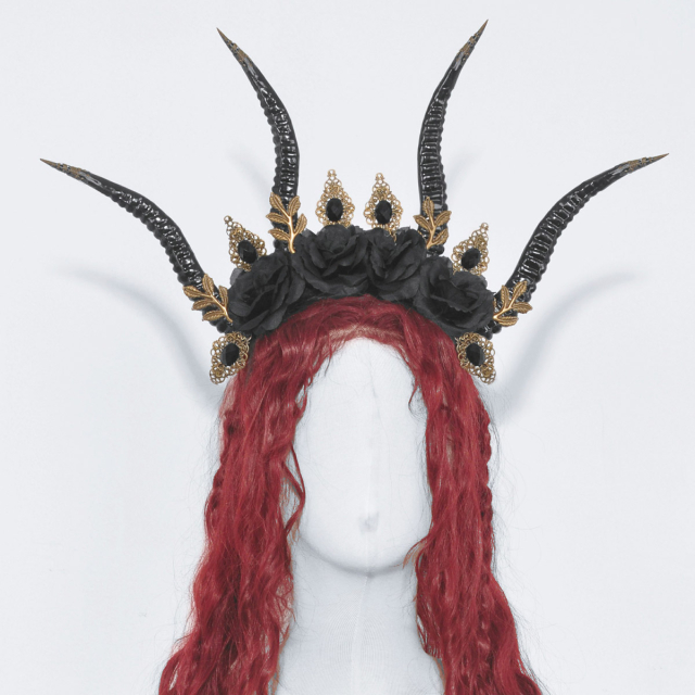 Haarreif mit Doppelhörnern Chimaira mit Blüten und Bronze-Ornamenten