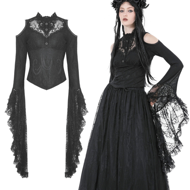 Dark In Love Gothic Blusenshirt (TW528) mit dunkelromantischer, viktorianischer Eleganz, XXL Trompetenärmeln, viel Spitze und Stehkragen