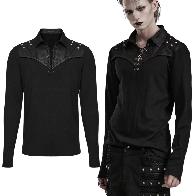 PUNK RAVE Gothic longsleeve (WT-836BK) made of soft fine rib jersey with shoulder section and shirt collar made of soft leather-look velour. Lacing on the chest
