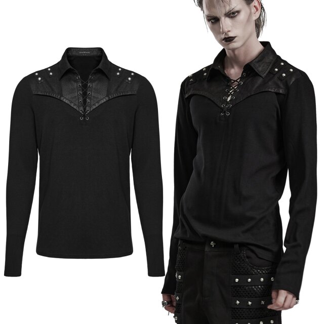 PUNK RAVE Gothic Longsleeve (WT-836BK) aus weichem Feinripp-Jersey mit Schulterpartie und Hemdkragen aus weichem Velours in Leder-Optik. Schnürung auf der Brust