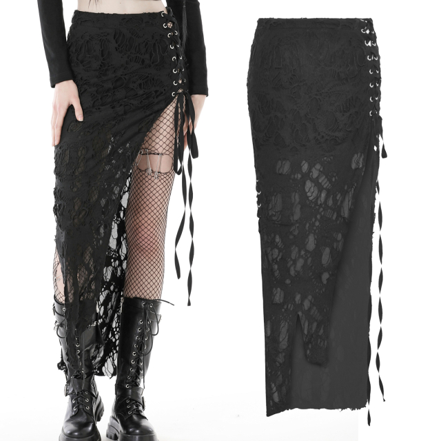 Dark In Love long, narrow gothic shredded skirt (KW300) with high slit and lacing for an exciting end-time wasteland or punk look