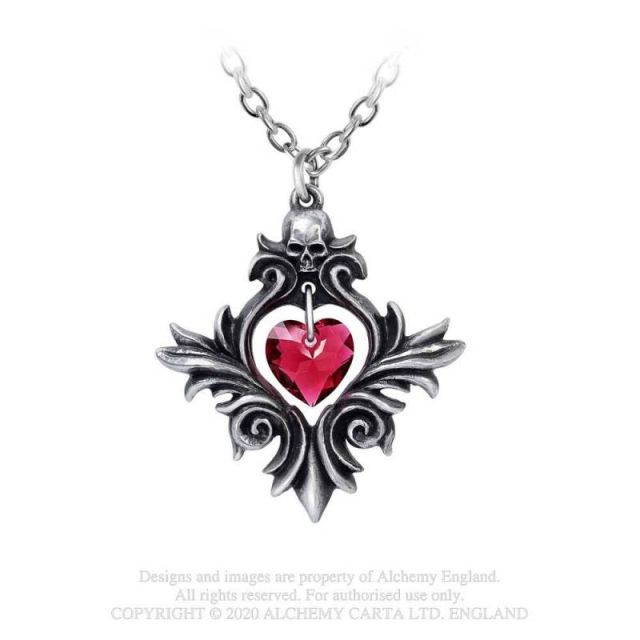 Alchemy England necklace Bouquet of Love (P905) with a red crystal heart, framed by a gothic pewter frame in a baroque look with a small skull