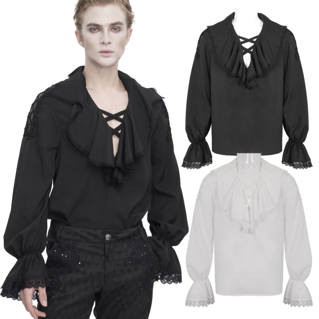 Devil Fashion Victorian gothic frill shirt (SHT10901 & SHT10902) in white or black with a wide frill flounce at the deep V-neck, wide poet sleeves with trumpet cuffs and eye-catching transparent shoulders with braid decoration.