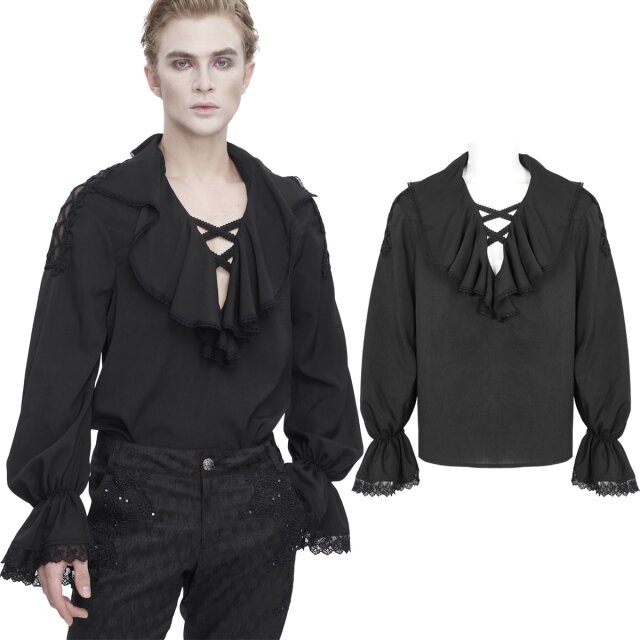 Devil Fashion viktorianisches Gothic Rüschenhemd (SHT10901 & SHT10902) in weiß oder schwarz mit breitem Rüschen-Volant am tiefen V-Ausschnitt, weiten Dichterärmeln mit Trompetenmanschetten und auffälligen transparenten Schultern mit Bortenverzierung.