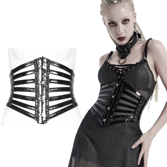 PUNK RAVE Gothic corsage (WS-273BK-BRI) made of sinful vinyl material in a cage look with spiked rivets
