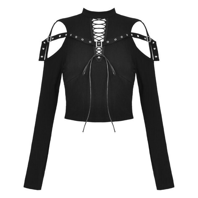Langarm Punk Shirt Frequency mit Cut-Outs und Riemen L/XL