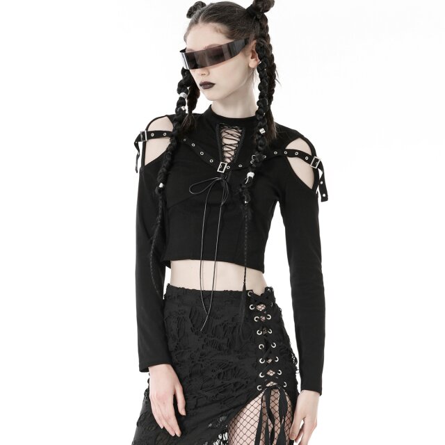 Langarm Punk Shirt Frequency mit Cut-Outs und Riemen L/XL