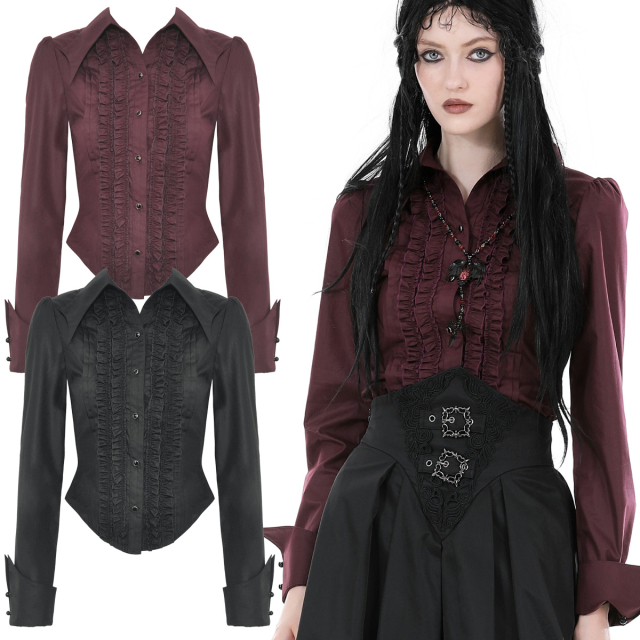 Dark In Love Gothic Rüschenbluse (IW103) in schwarz oder rot-violett in vampireskem viktorianischen Stil mit großem Fledermaus-Flügel inspiriertem Kragen.