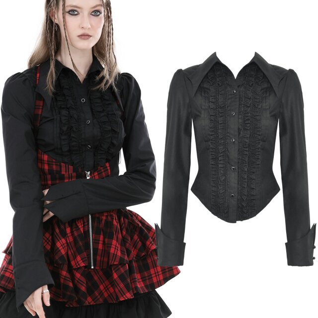 Dark In Love Gothic Rüschenbluse (IW103) in schwarz oder rot-violett in vampireskem viktorianischen Stil mit großem Fledermaus-Flügel inspiriertem Kragen.