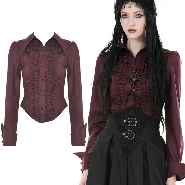 Dark In Love Gothic Rüschenbluse (IW103) in schwarz oder rot-violett in vampireskem viktorianischen Stil mit großem Fledermaus-Flügel inspiriertem Kragen.