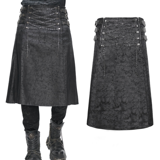 Knee-length Devil Fashion Gothic Kilt (SKT186) with a scuffed leather look and eye-catching chain lacing at the front for a martial warrior look