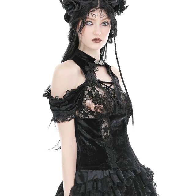 Gothic Samt-Shirt Veiled Sins mit Stehkragen L