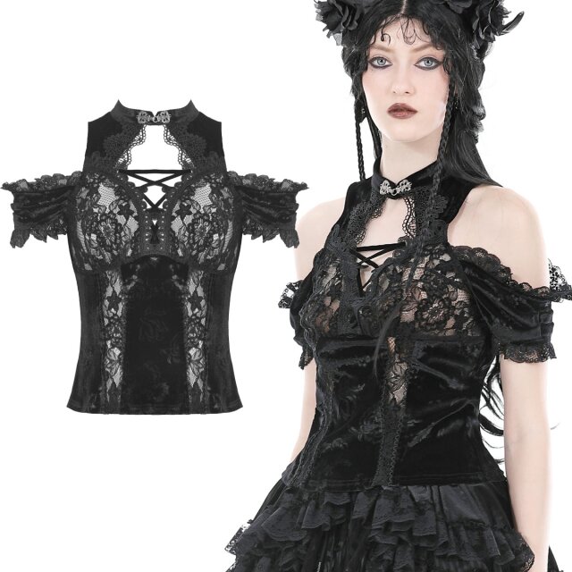 Dark In Love dunkelromantisches Gothic Blusenshirt (TW507) aus gemustertem Samt mit semi-transparenter Spitze über der Brust, Stehkragen und aufregenden Cut-Outs