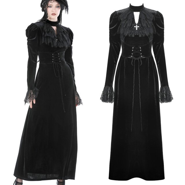 Dark in Love long gothic velvet dress (DW898), high-necked with ruffles, cut-out and large cross at the neckline, discreet puff sleeves and a lace-up belt at the front.
