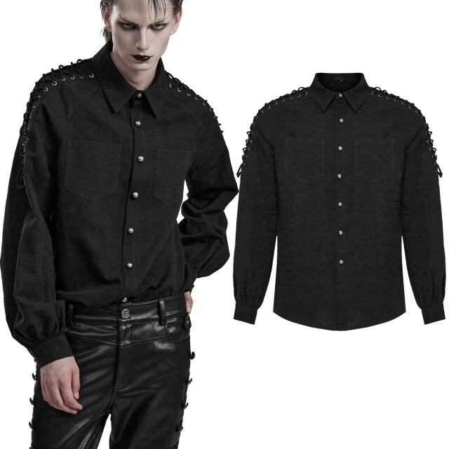 Lässig geschnittenes PUNK RAVE Gothic Herrenhemd (WY-1551BK) aus Baumwoll-Leinen-Mix mit mittelalterlicher Schnürung auf den Schultern
