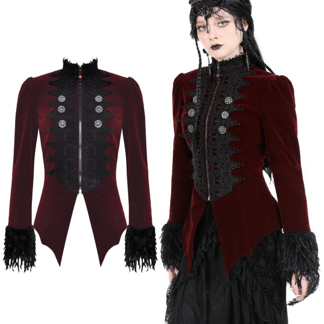 Rote Victorian Goth Samtjacke (JW259) von Dark In Love mit schwarzer Spitze und flauschigen Fake Fur Manschetten