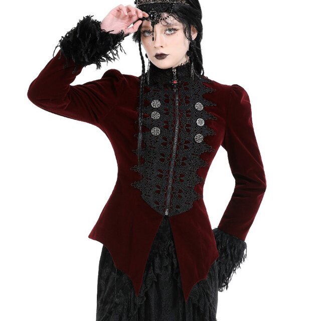 Rote Victorian-Goth Samtjacke Vampires Kiss mit schwarzer Spitze S