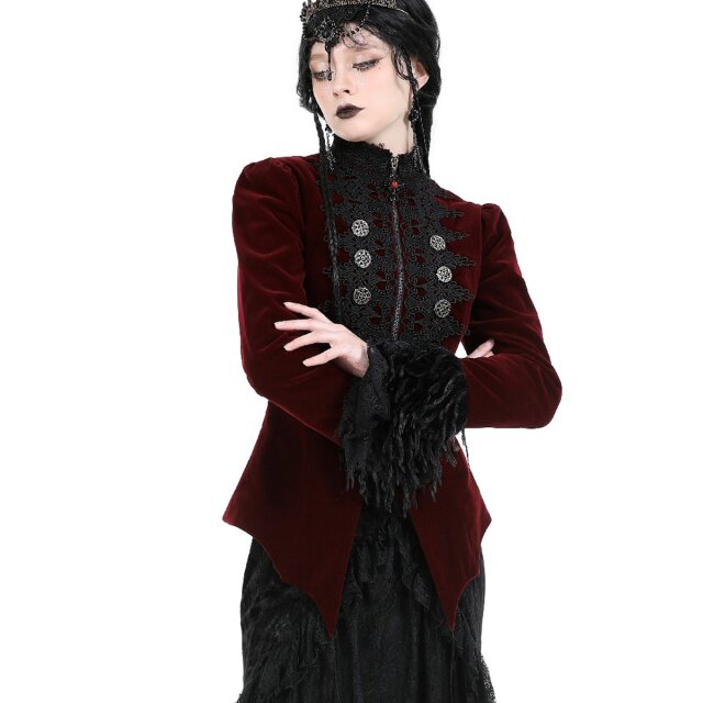 Rote Victorian-Goth Samtjacke Vampires Kiss mit schwarzer Spitze S