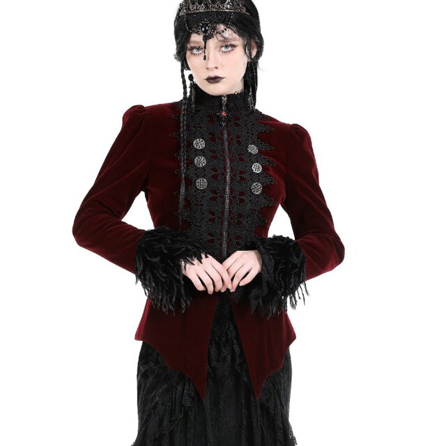 Rote Victorian-Goth Samtjacke Vampires Kiss mit schwarzer Spitze S