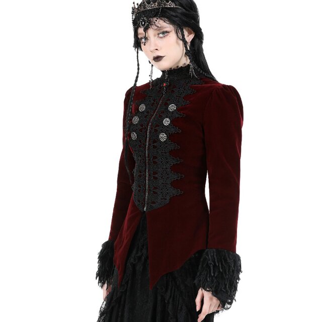 Rote Victorian-Goth Samtjacke Vampires Kiss mit schwarzer Spitze S