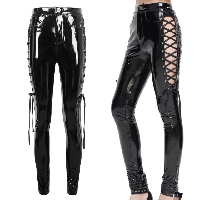 Devil Fashion skinny Damen Lack-Hose (PT222) mit Schnürung auf der Hüfte für einen unterkühlten Gothic Look mit Fetish Vibes