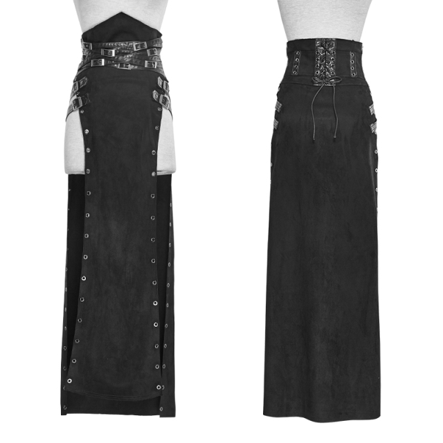 PUNK RAVE Q-298 schwarzer Gothic Damen-Schurz aus schwerem Velour Material mit Schnürung & Riemen. Damen LARP & Mittelalter Kleidung