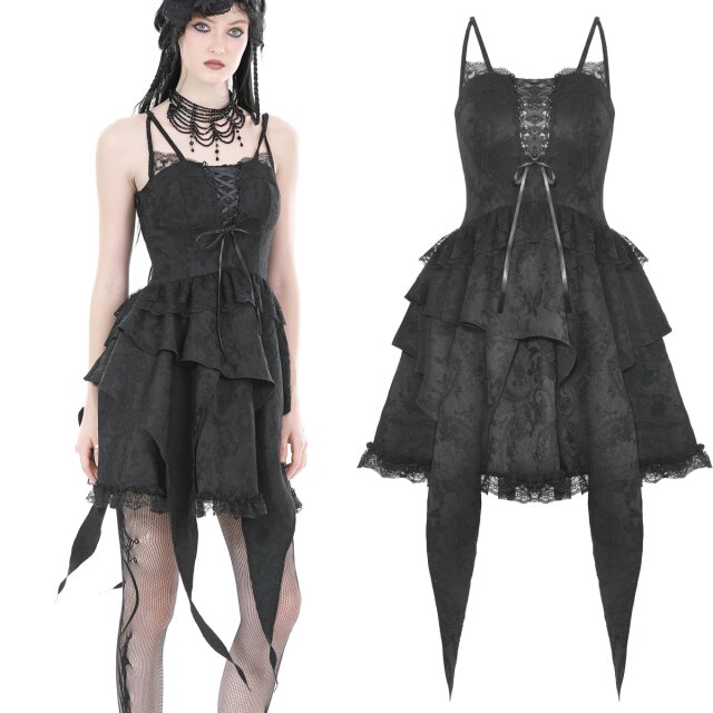 Dark In Love Gothic corsage dress (DW881) with playfully flared skirt with lace ruffle and long tails. Corsage top with straps and lace up detail.