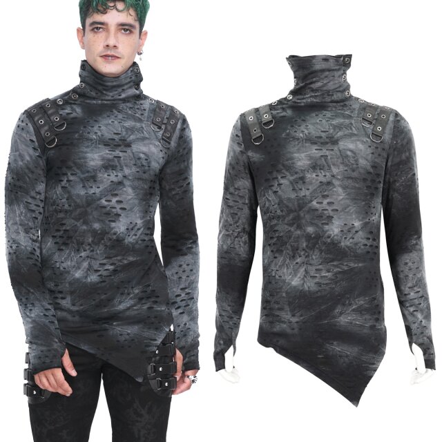 Devil Fashion Gothic Langarm Shirt (TT261) in schwarz-grau in distressed Optik mit Löchern und Rissen, hohem Rollkragen und Kunstlederriemen mit D-Ringen auf den Schultern.