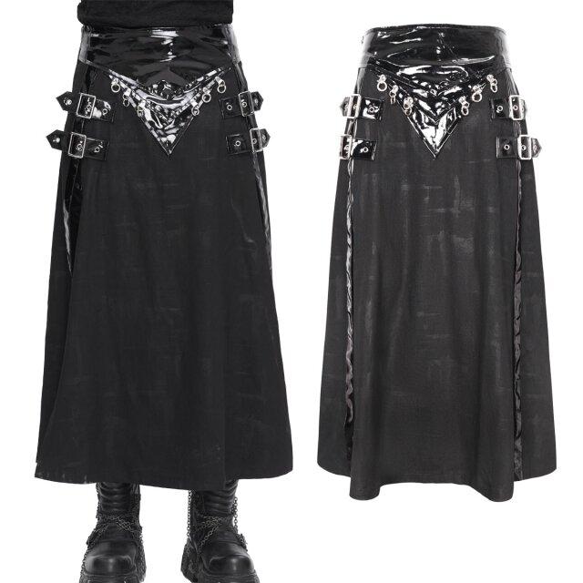 Devil Fashion langer Gothic Schurz / Kilt (SKT187) aus schwerem schwarzem Denim mit Lack-Elementen, Schnallen und D-Ringen