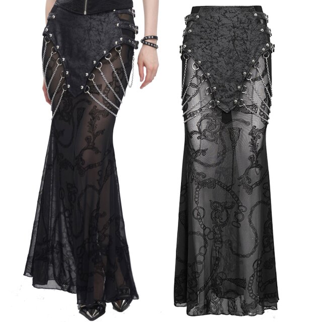 Two-piece, semi-transparent gothic maxi skirt (SKT181) with detachable, wide skirt with chains, studs and buckles