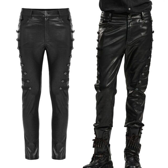 Schwarze PUNK RAVE Gothic Kunstlederhose Dante (WK-583) mit Borten-Posamenten und schwarzen Schmuckknöpfen