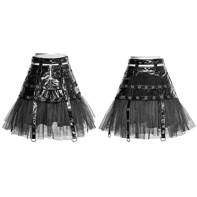 PUNK RAVE Q-307 shiny black petticoat miniskirt with vinyl & tulle. ladies gothic & steampunk clothing