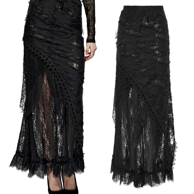 Long, narrow PUNK RAVE layered skirt (WQ-673BK) with lace and post-apocalyptic shredded material, elasticated waistband for cool gothic styling with mystical witch charm