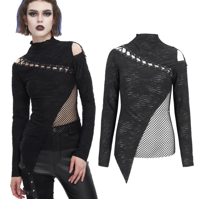 Devil Fashion Punk Longsleeve (TT252) mit Netz und asymmetrischem Schnitt und Zierschnürung in coolem post-apokalyptischen distressed Look