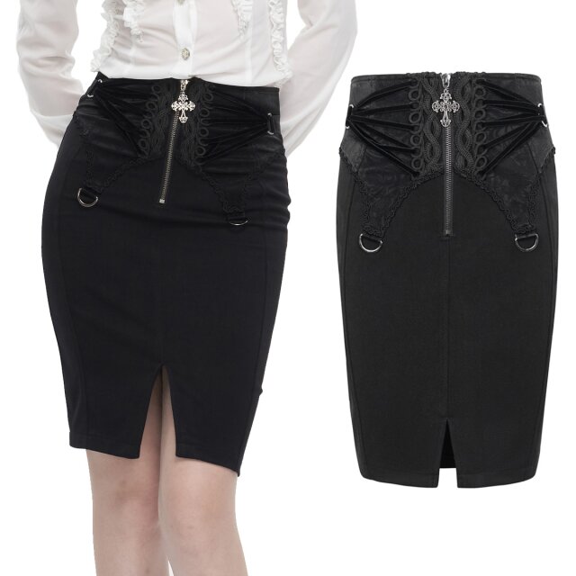 Devil Fashion Gothic Bleistiftrock (SKT179) mit raffiniertem breiten Kunstlederbund, Schnürungen an der Taille vorne und hinten sowie auffallend großem Kreuz-Anhängr am Reißverschluss.