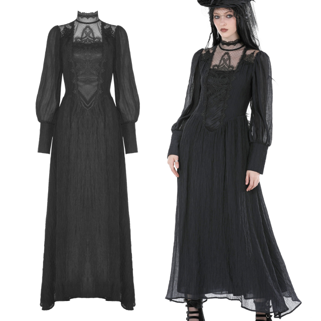 Long Dark In Love Gothic dress (DW876) with a morbid Victorian Biedermeier flair in an airy crinkled look and large lace appliqué on the chest.